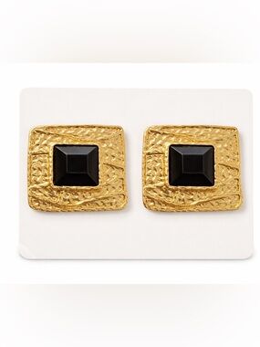 NEW. Gold Tone Square Statement Earrings Black Glass Center Textured Heavy